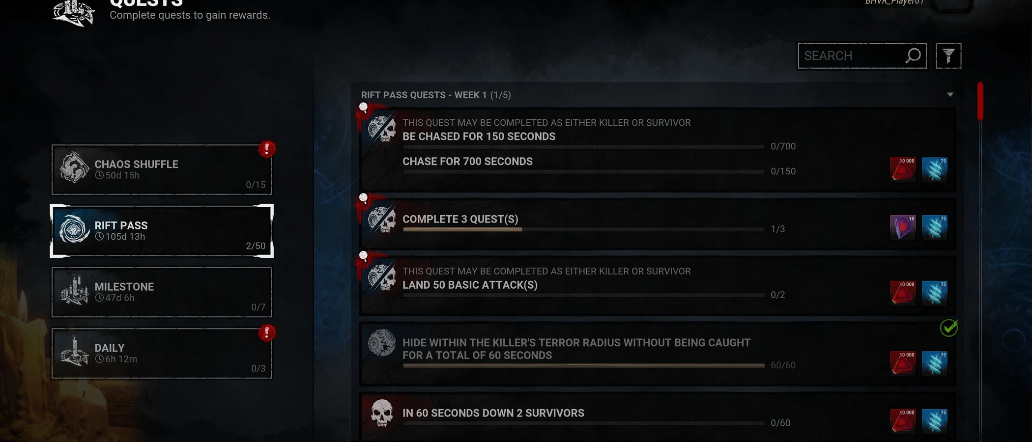Dead by Daylight Rift Pass quest screen showing a purple Iridescent Shard reward and blue Rift Fragments.