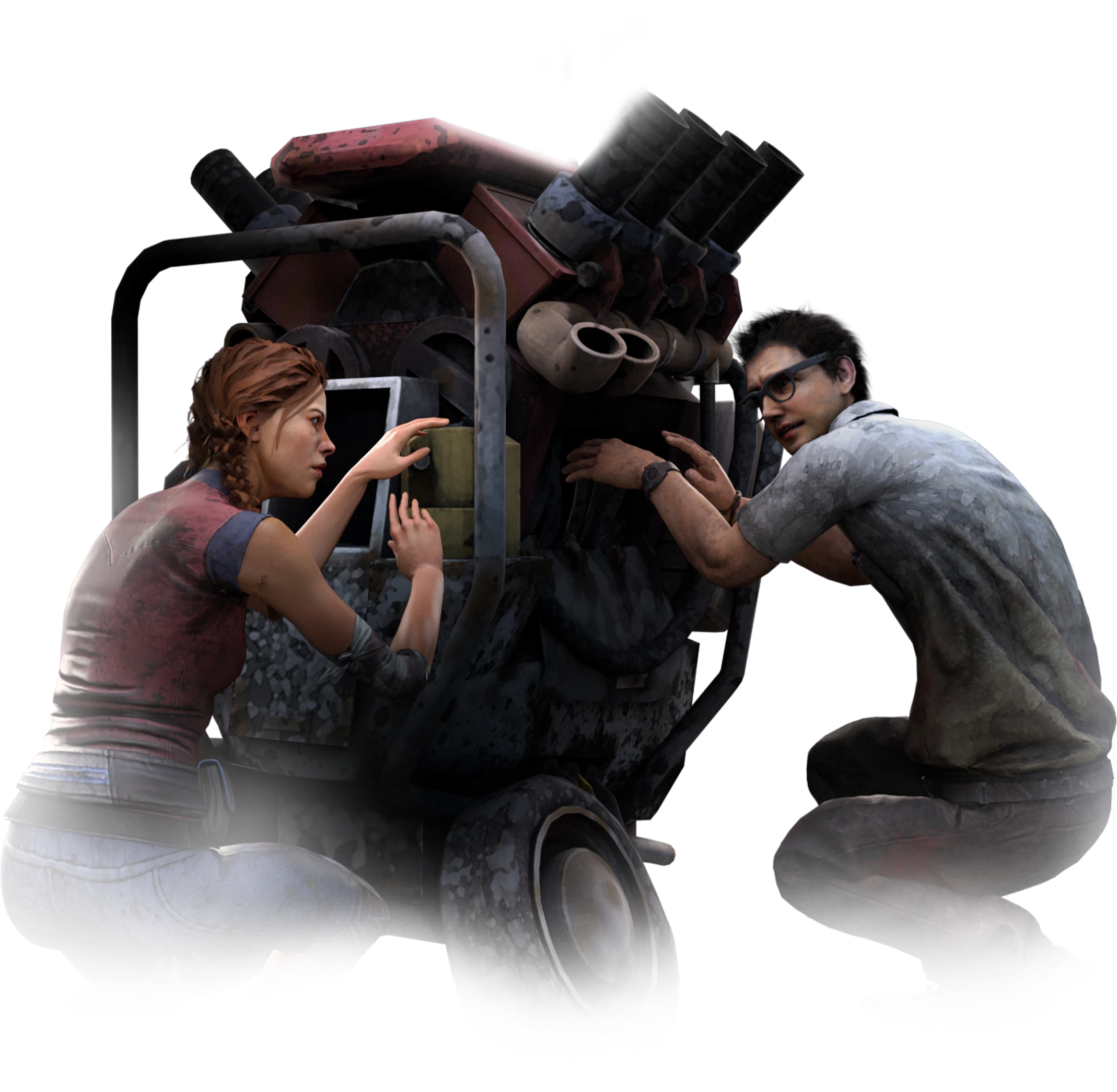 Official Dead by Daylight artwork of Meg and Dwight repairing a generator.