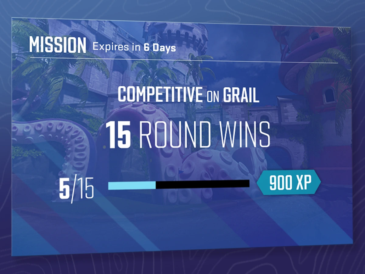 Historical CS2 weekly mission showing 15 round wins on Grail and a 900 XP reward