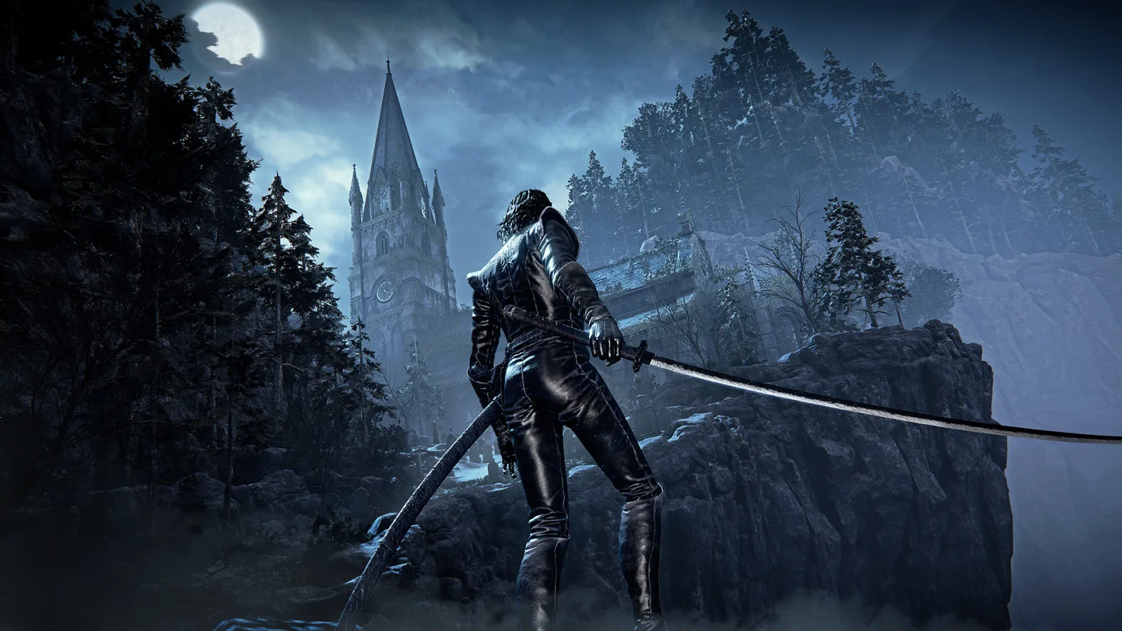 A dark-clad Bloodsworn stands on a rocky ravine below a moonlit church in The Duskbloods.