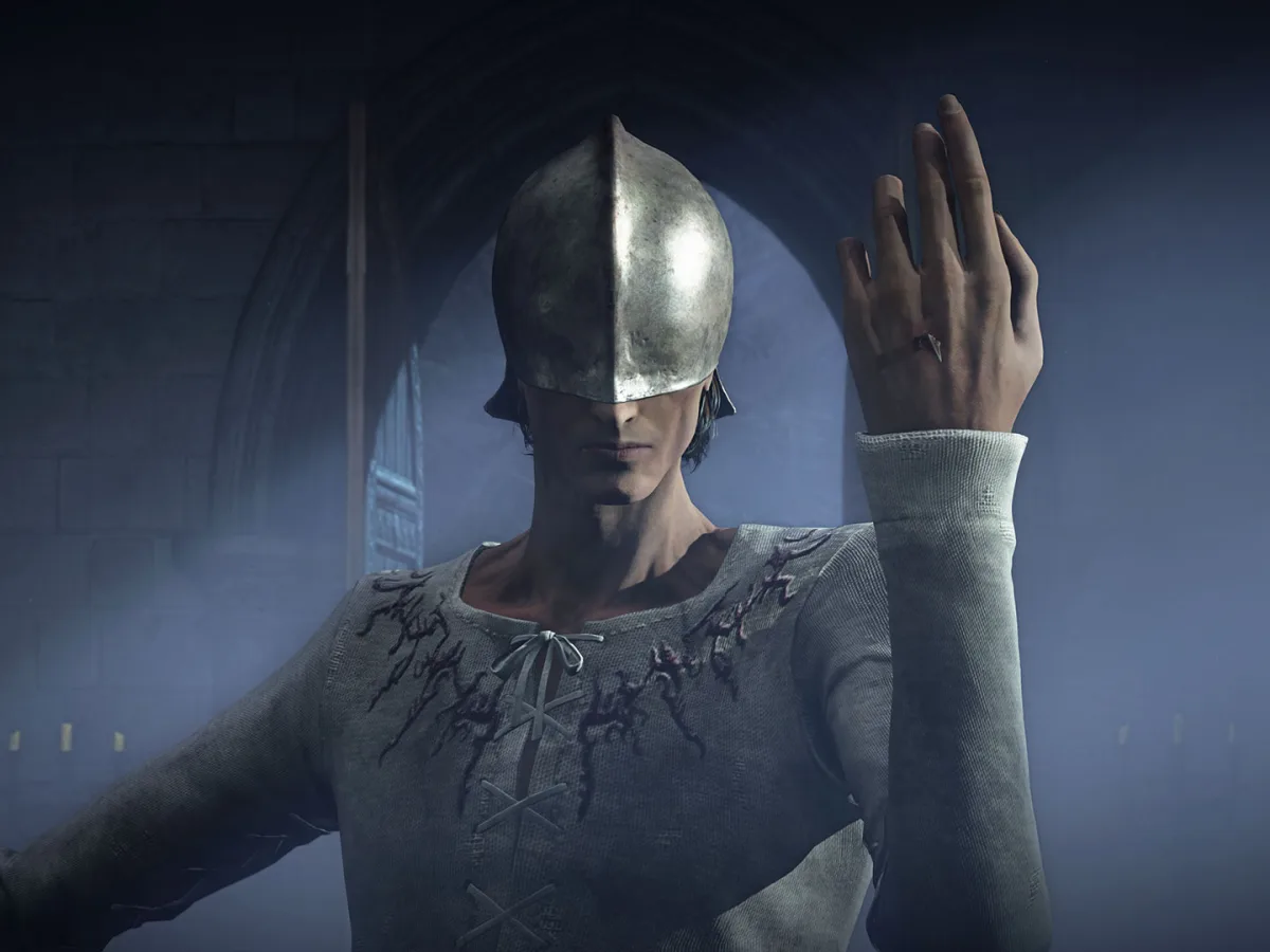 A Bloodsworn wearing a silver mask raises a hand inside a blue-lit stone hall in The Duskbloods.