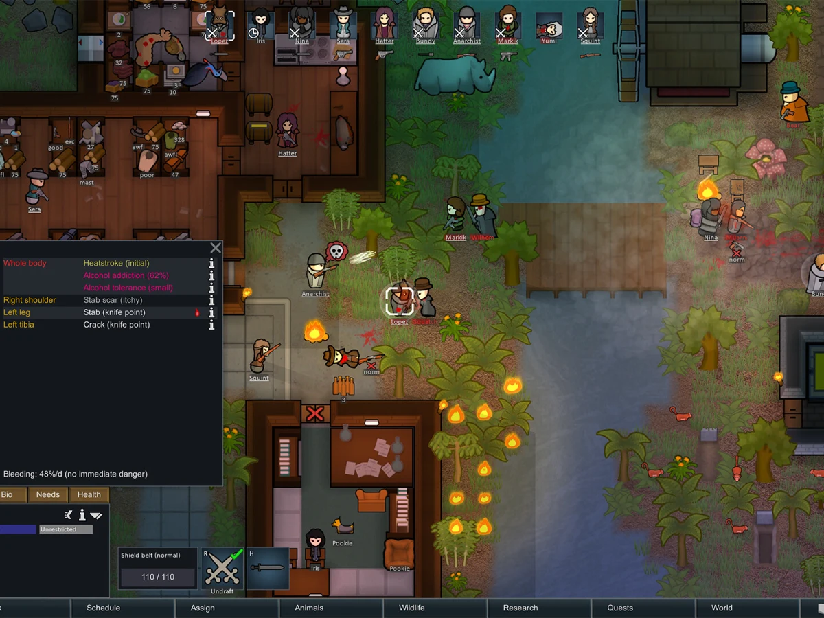 Colonists fight beside a river in an official RimWorld gameplay screenshot