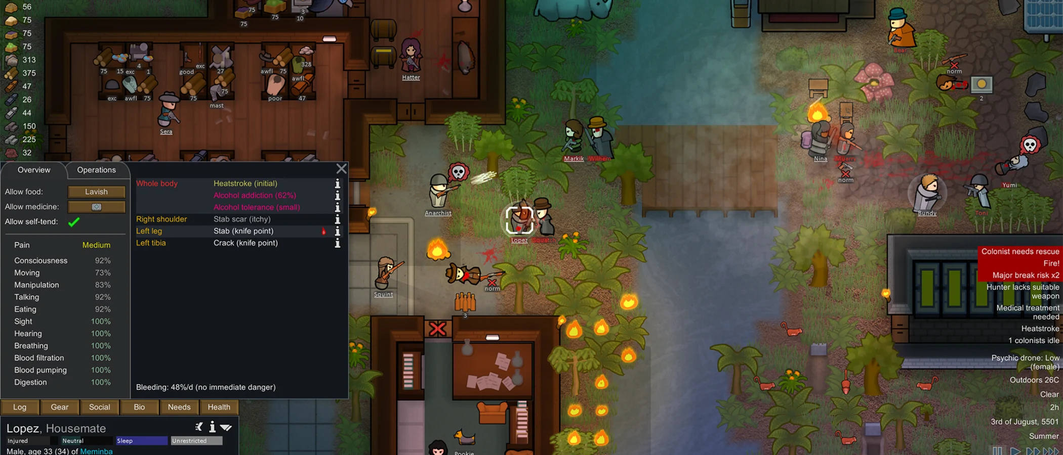 Colonists fight beside a river in an official RimWorld gameplay screenshot