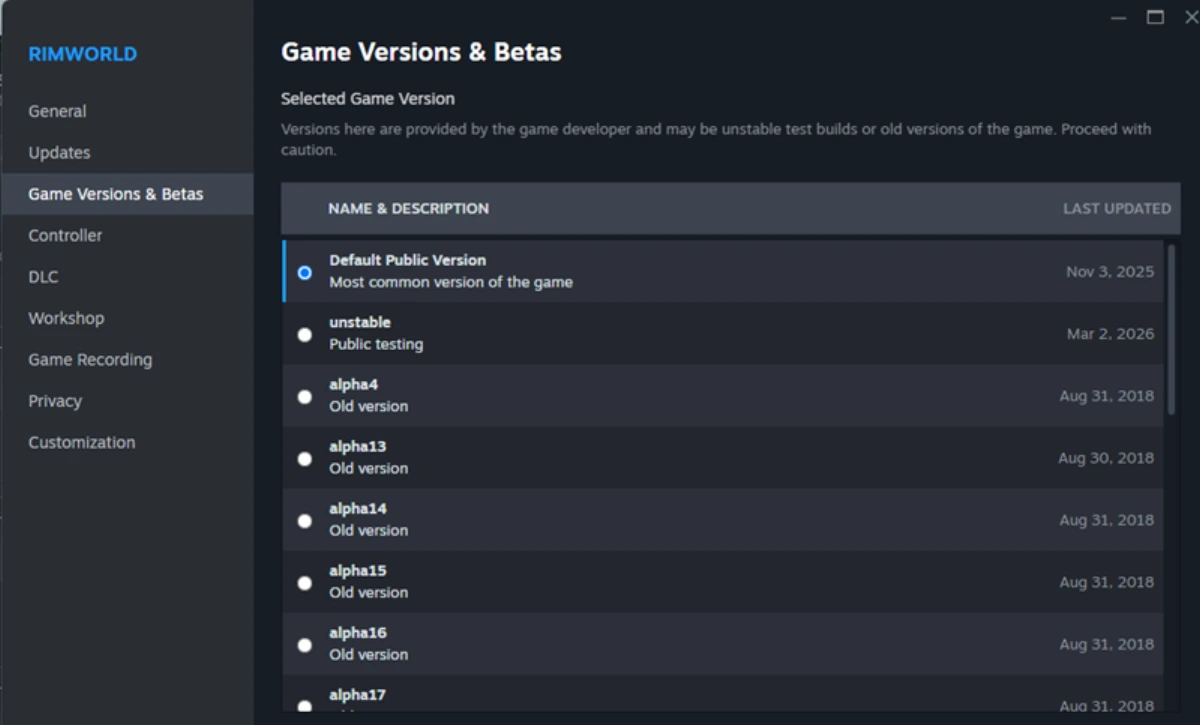 Steam Properties for RimWorld showing Game Versions & Betas and Default Public Version