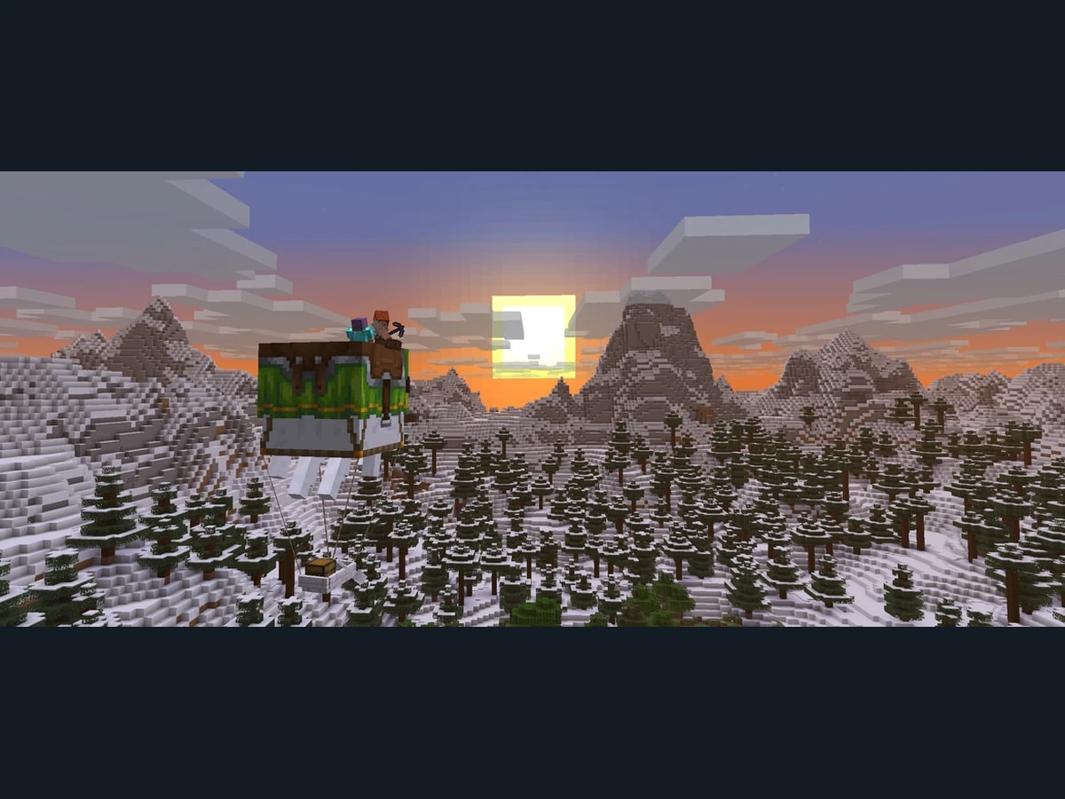 Minecraft players ride a harnessed happy ghast above an Overworld landscape
