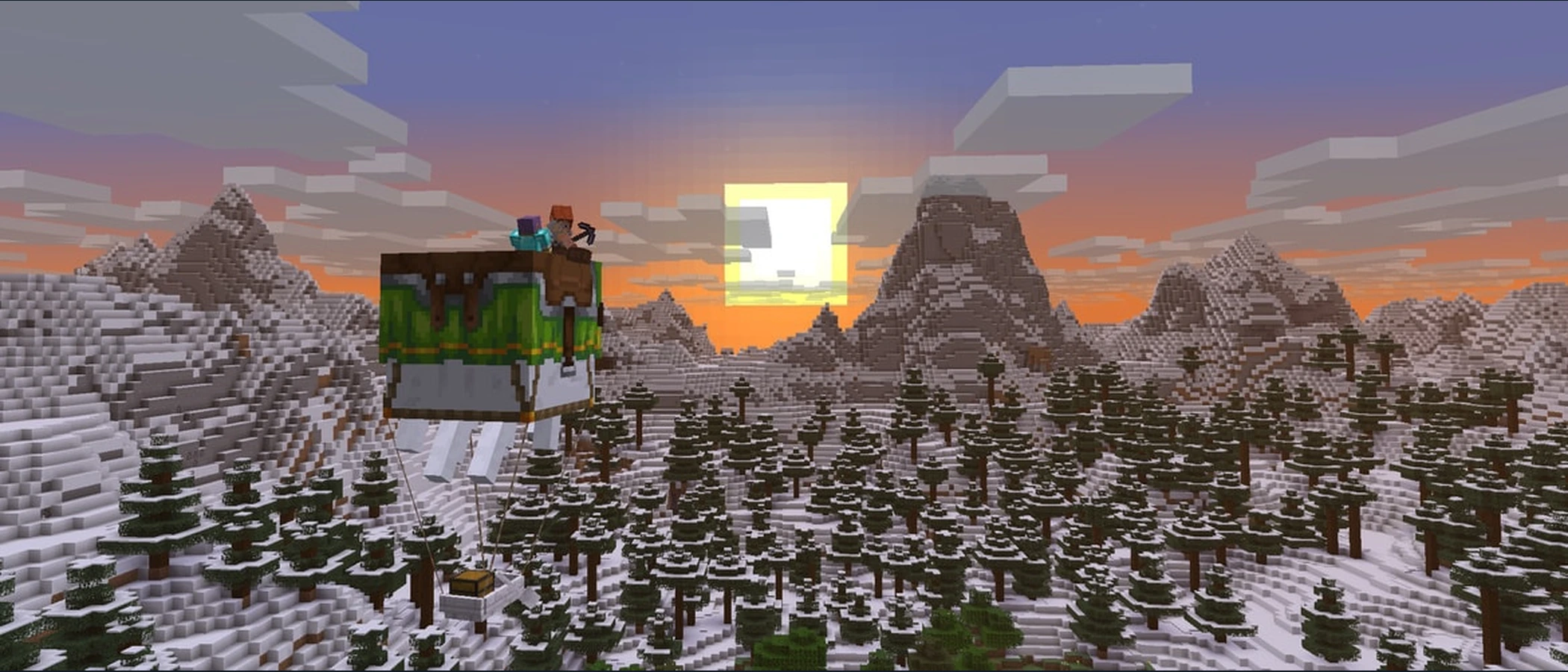 Minecraft players ride a harnessed happy ghast above an Overworld landscape