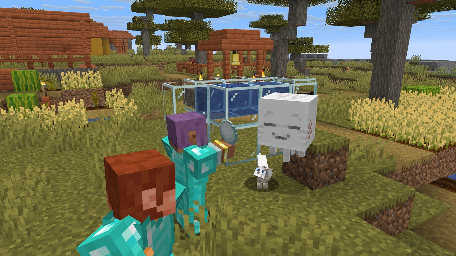 Efe holds a Snowball near a small Minecraft ghastling in a Savanna village