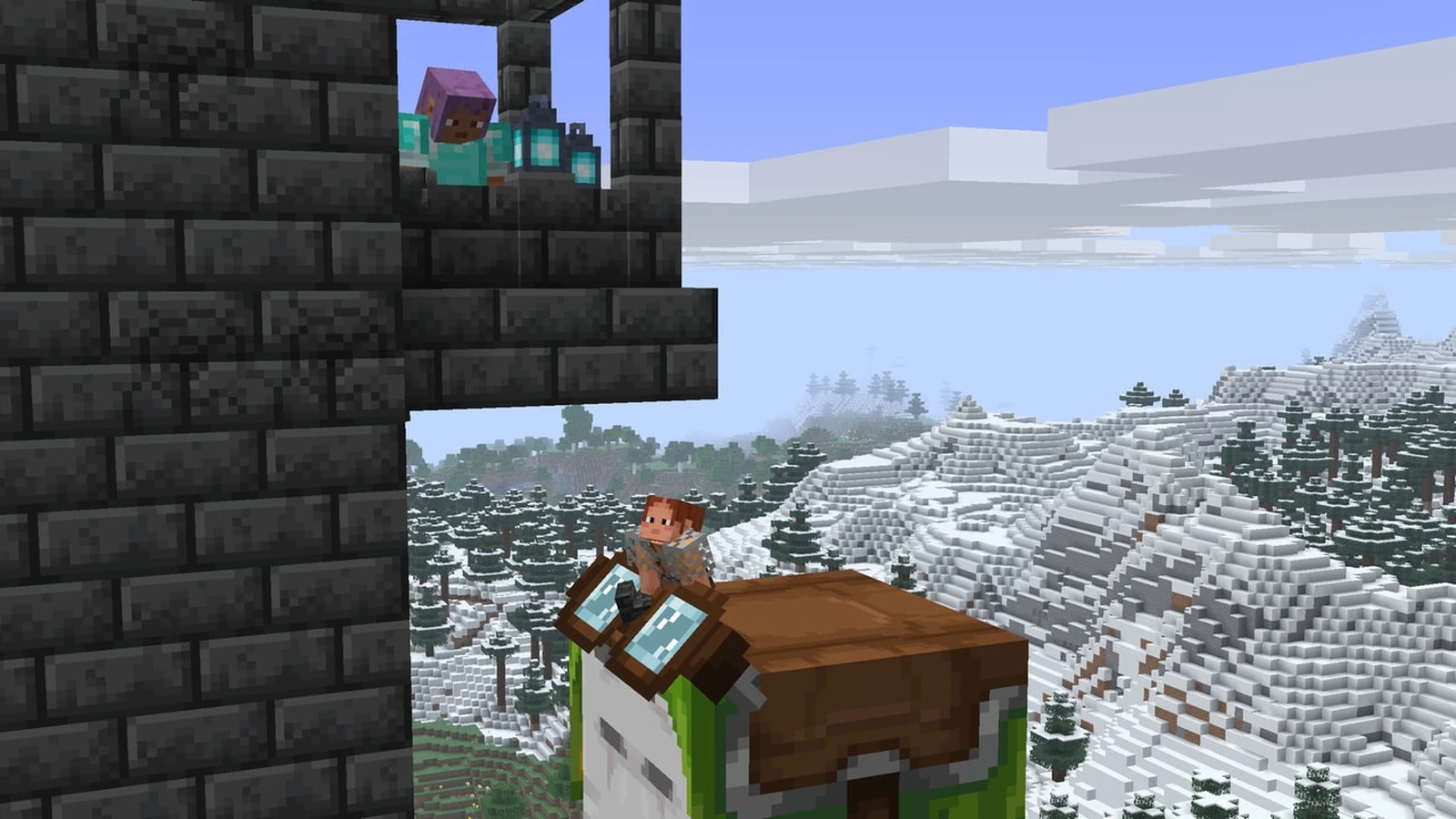 A Minecraft player stands on a happy ghast to build beneath a castle balcony