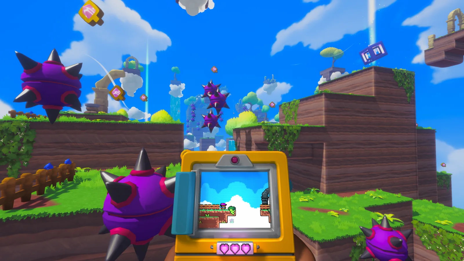 A yellow Qboy displays a 2D character on a platform while purple spiked enemies float around a bright 3D landscape.