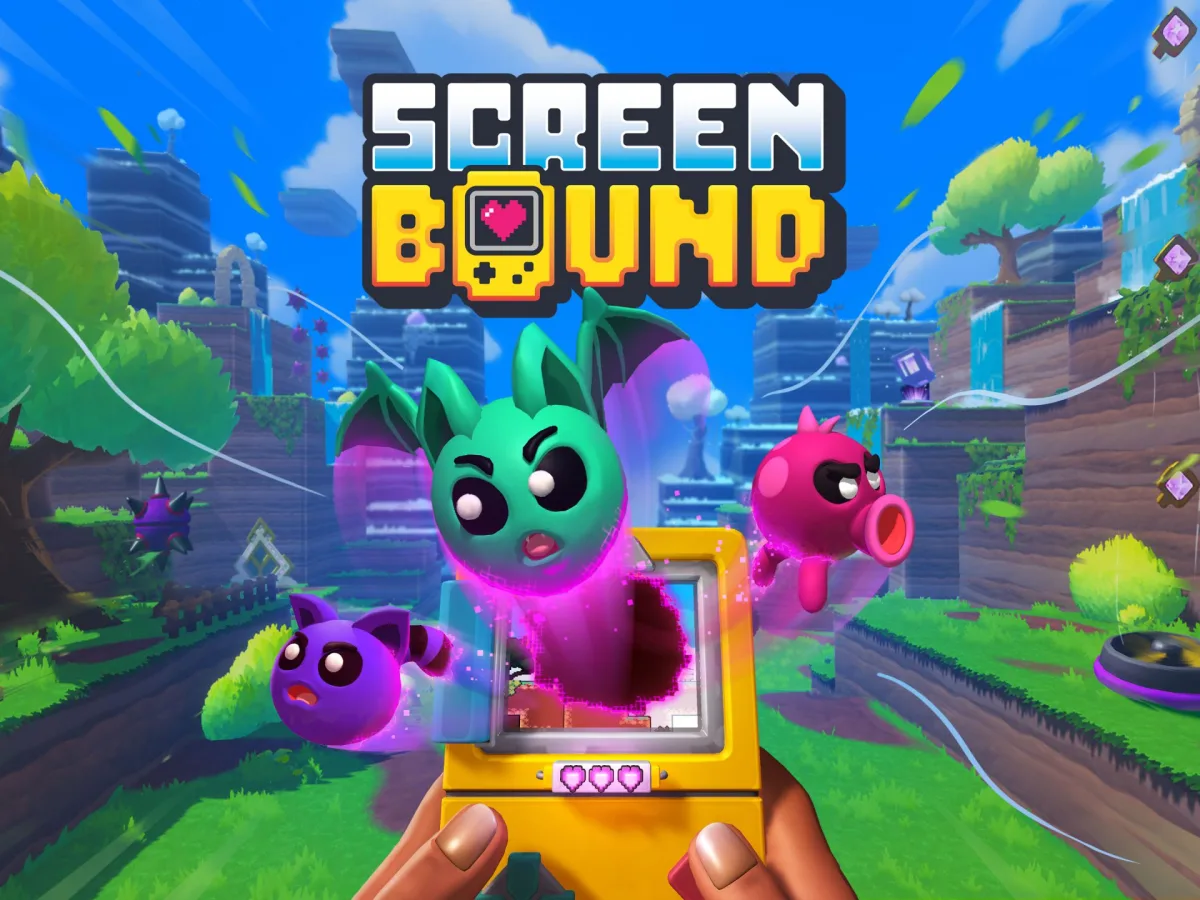 Screenbound's logo hangs over cartoon characters and a yellow Qboy in a bright landscape of floating platforms.