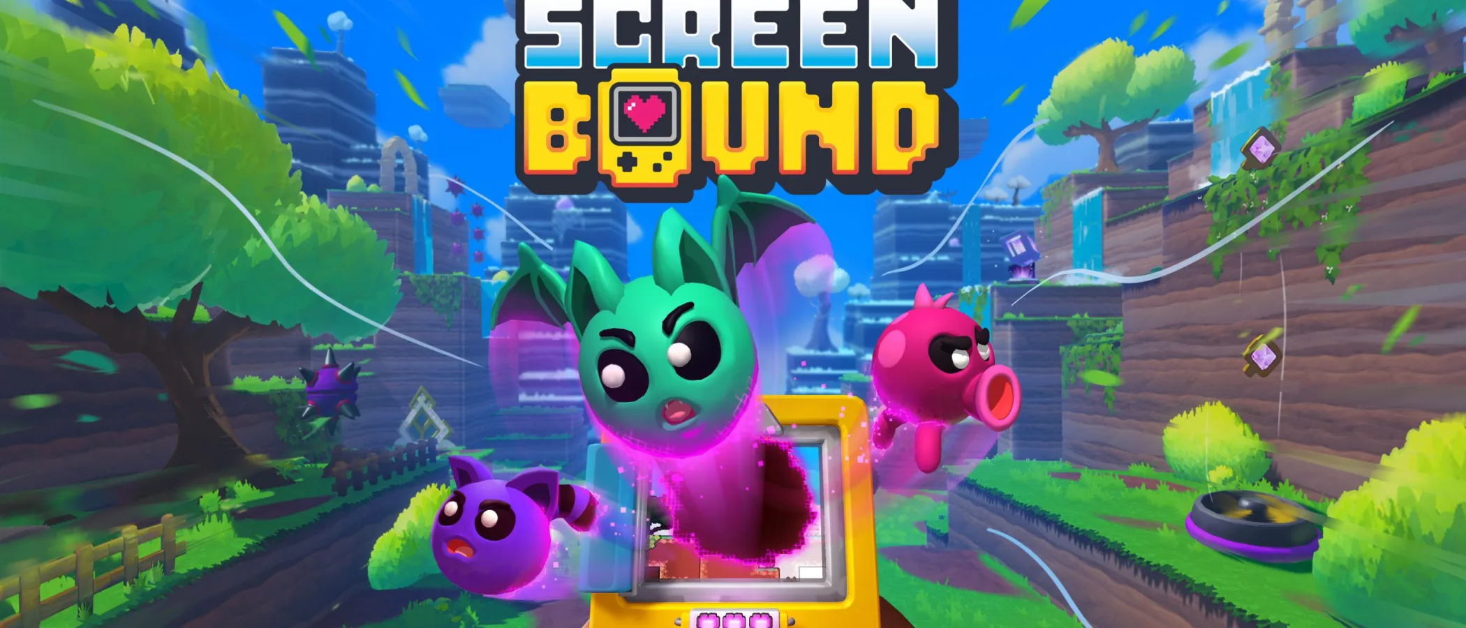 Screenbound's logo hangs over cartoon characters and a yellow Qboy in a bright landscape of floating platforms.