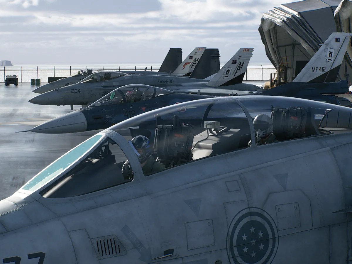 A fighter jet sits on an aircraft carrier deck in Ace Combat 8.