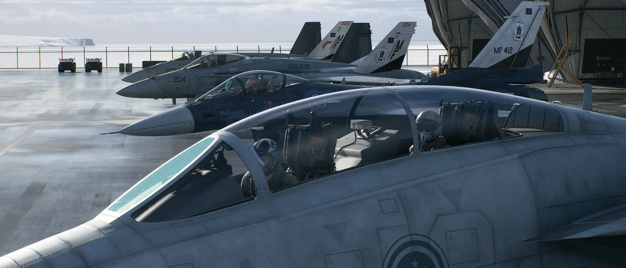 A fighter jet sits on an aircraft carrier deck in Ace Combat 8.
