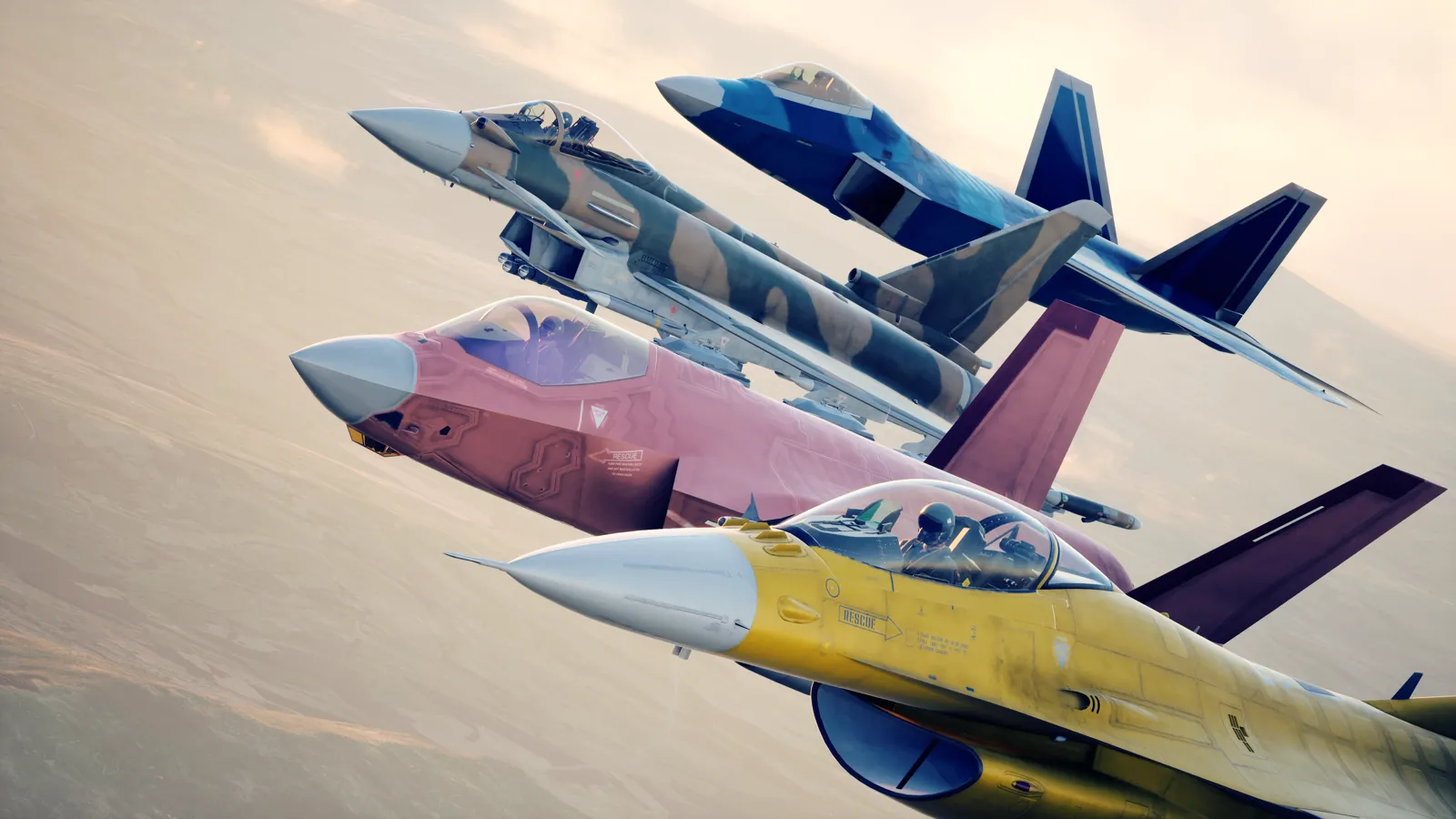 Four brightly painted fighter jets fly together in Ace Combat 8.