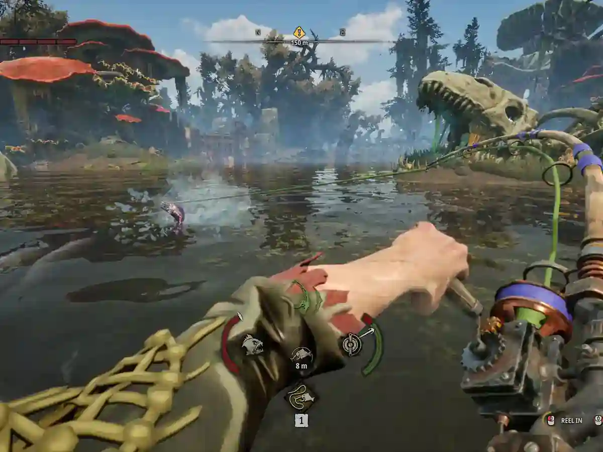 Fishing in flooded wetlands with giant mushrooms and a skeletal creature in DREADMOOR.