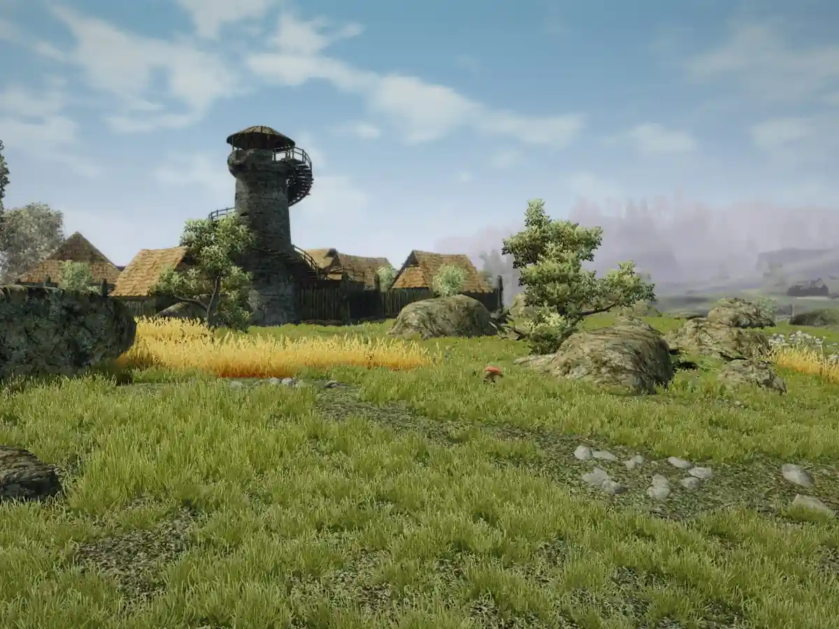 An open grassy landscape and stone tower in Gothic III Classic.