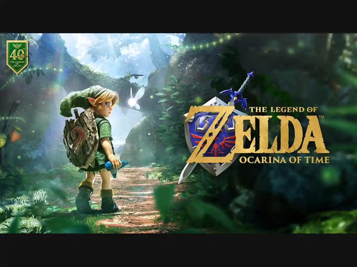 Link and Navi beside the Ocarina of Time logo.