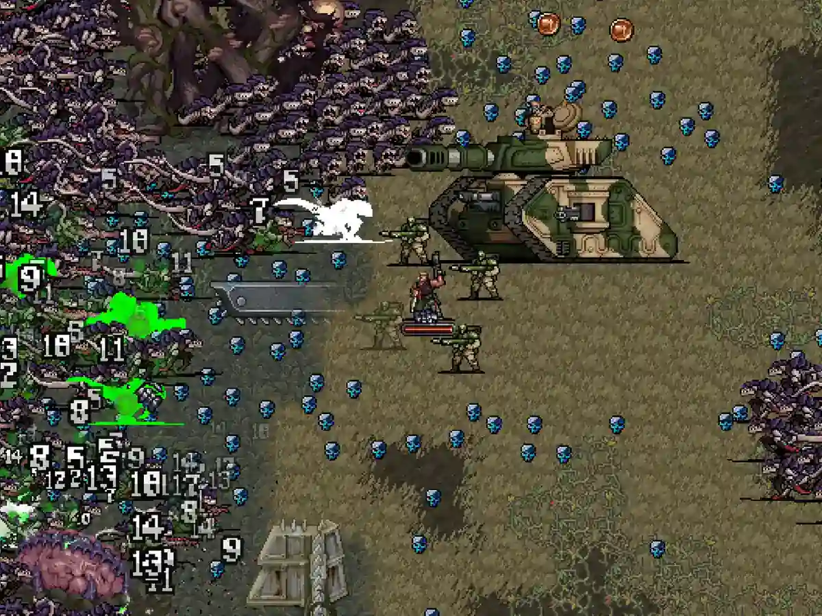 A champion and armoured vehicle surrounded by alien swarms in Warhammer Survivors.