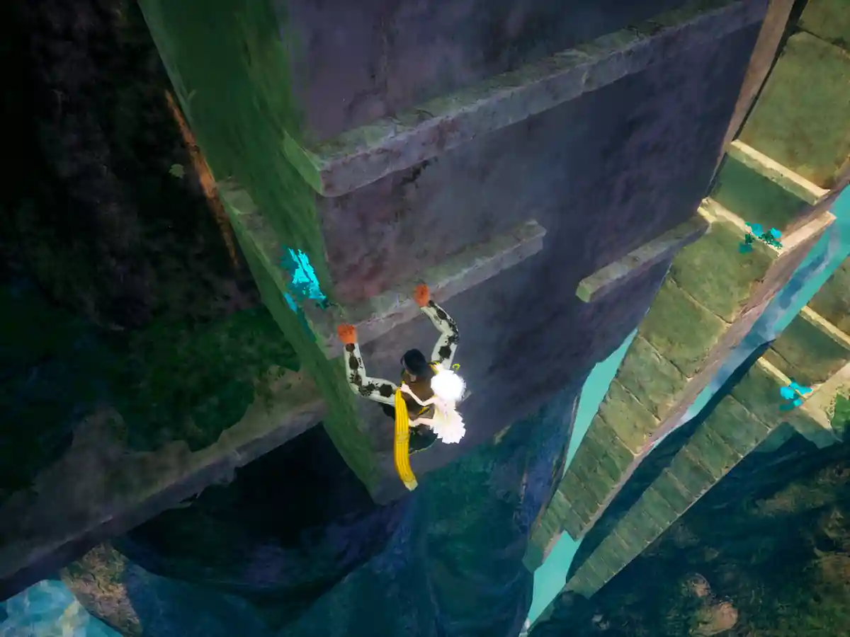 A character descending beside enormous tree roots in Where the Seeds Fall.