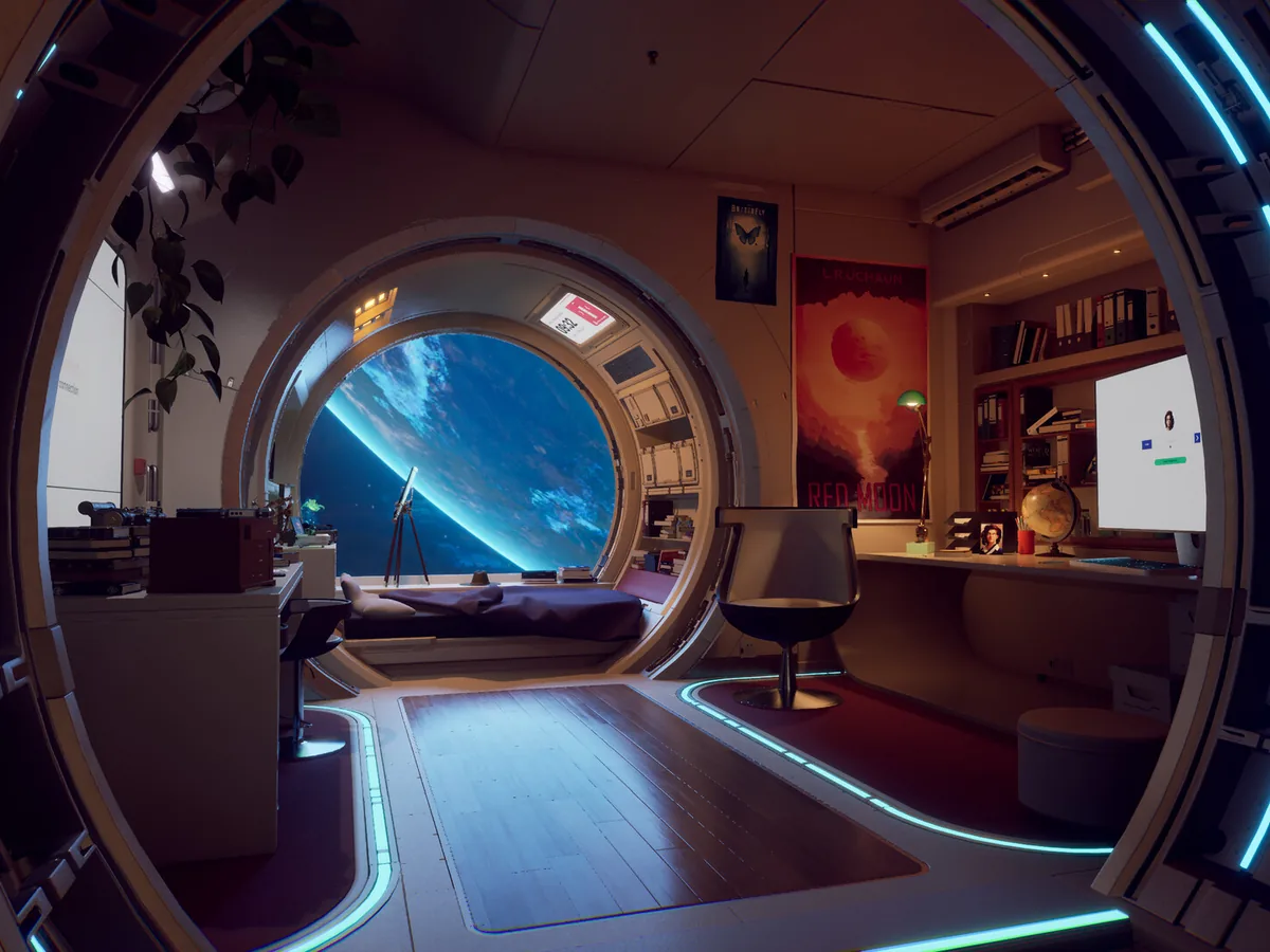 A futuristic crew room looks through a round window onto a blue planet in Rivage.
