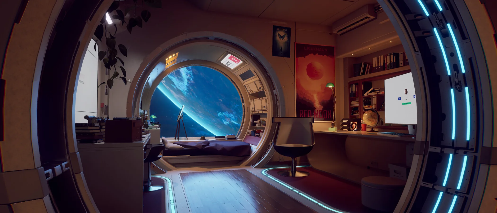 A futuristic crew room looks through a round window onto a blue planet in Rivage.