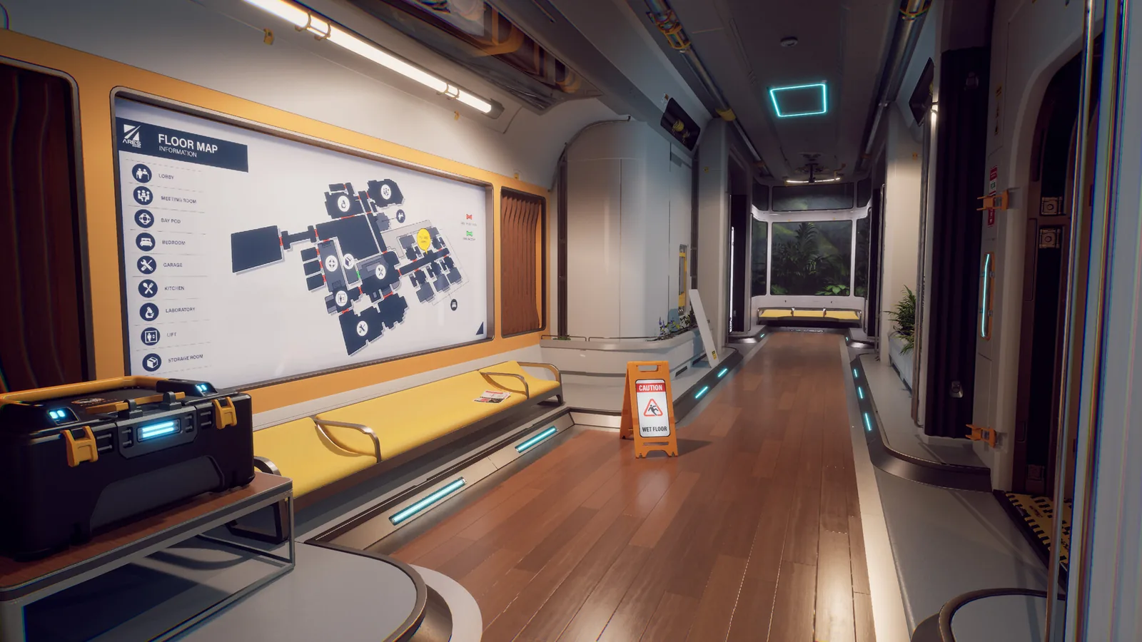 A bright A.R.E.S. floor map hangs beside a quiet corridor in Rivage.