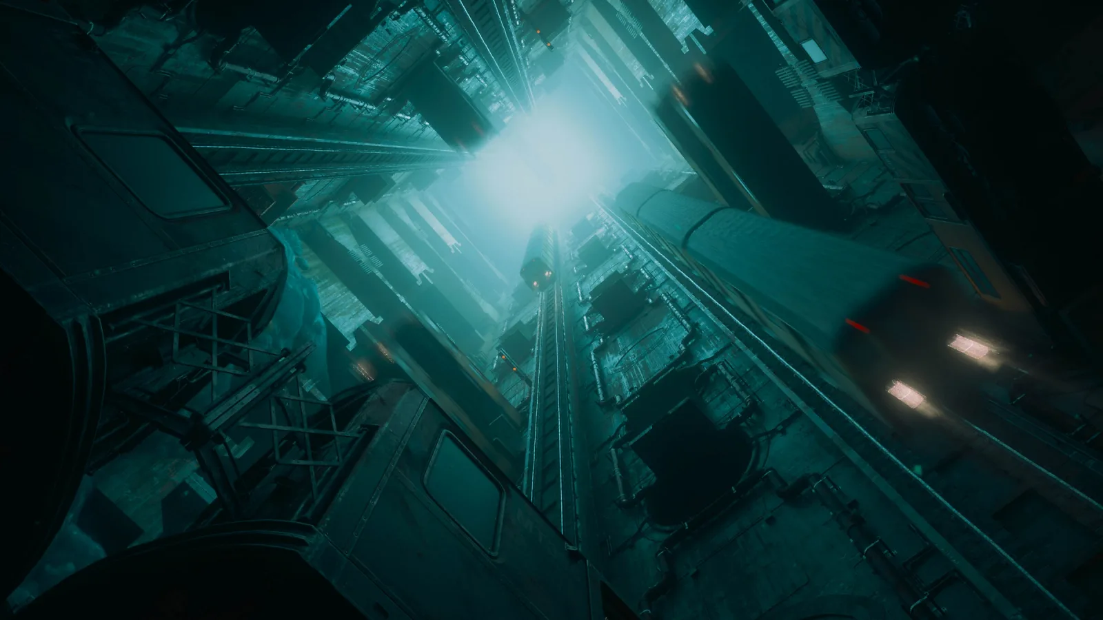 Train carriages cross through an impossible, kaleidoscopic interior in Control Resonant.