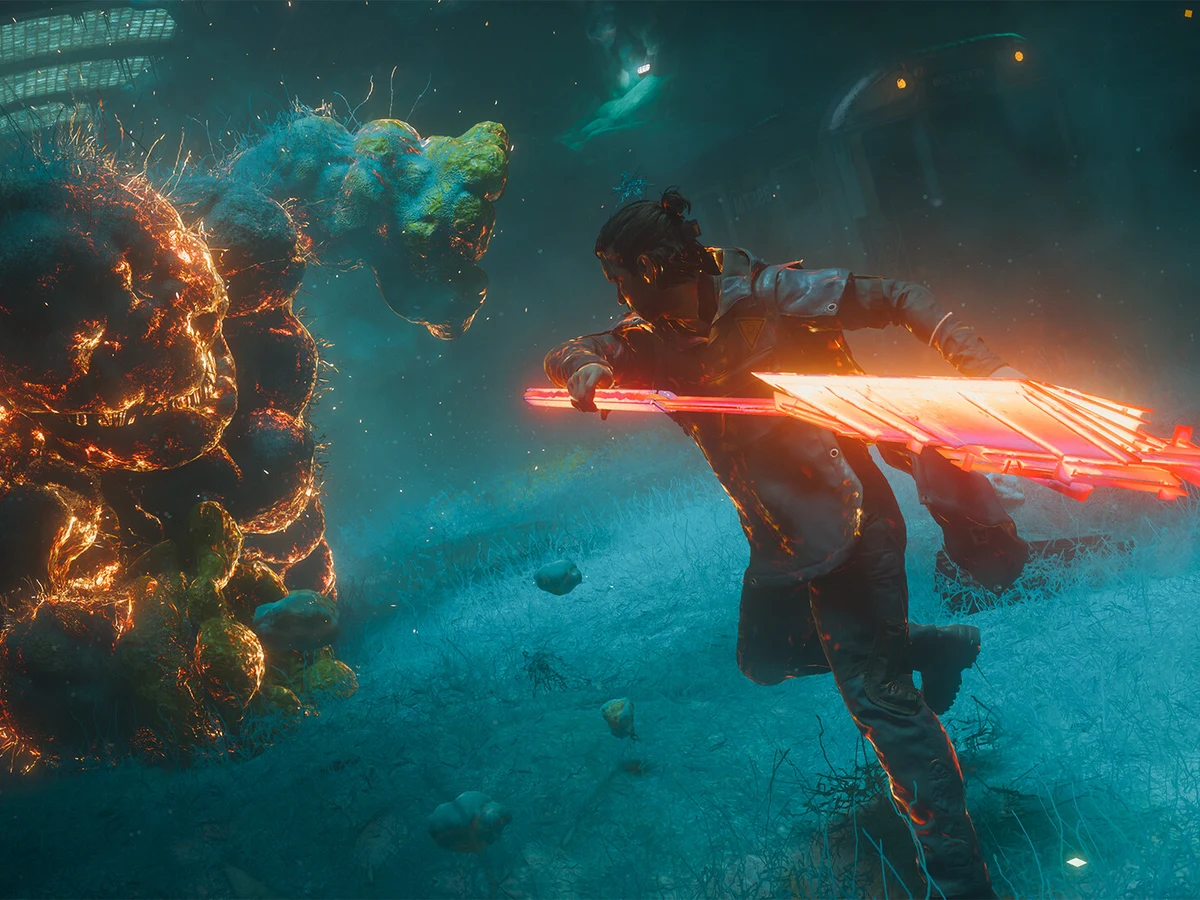 Dylan Faden rushes a supernatural enemy with the glowing Aberrant in CONTROL Resonant