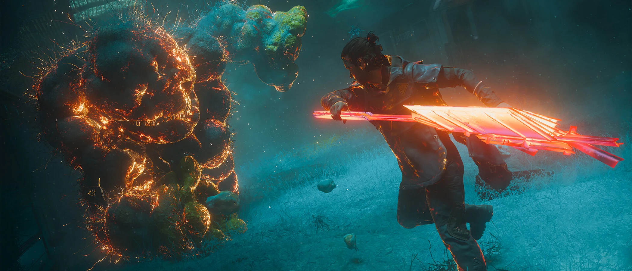 Dylan Faden rushes a supernatural enemy with the glowing Aberrant in CONTROL Resonant