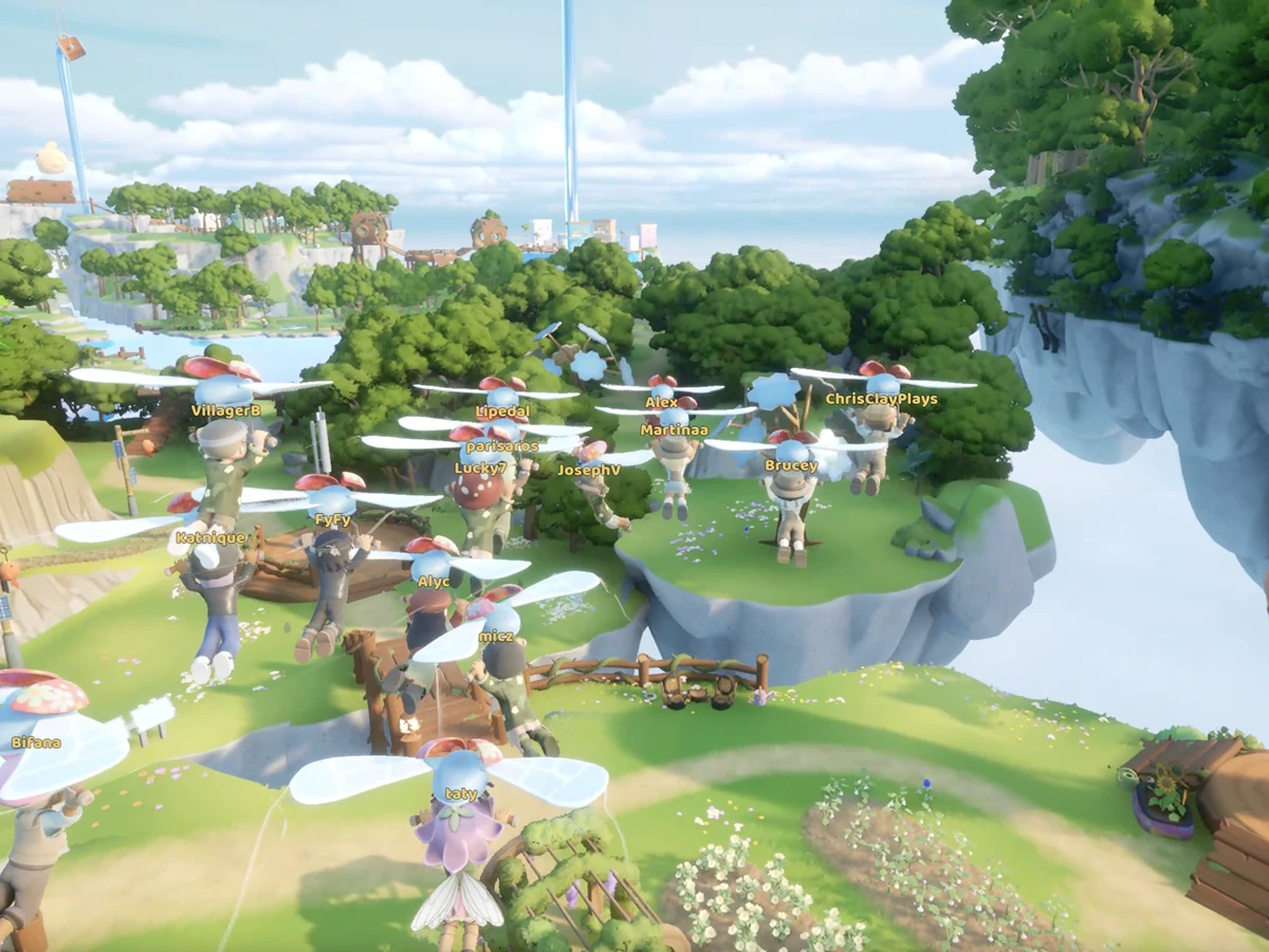A group of players glides above green floating islands using colourful personal rotors