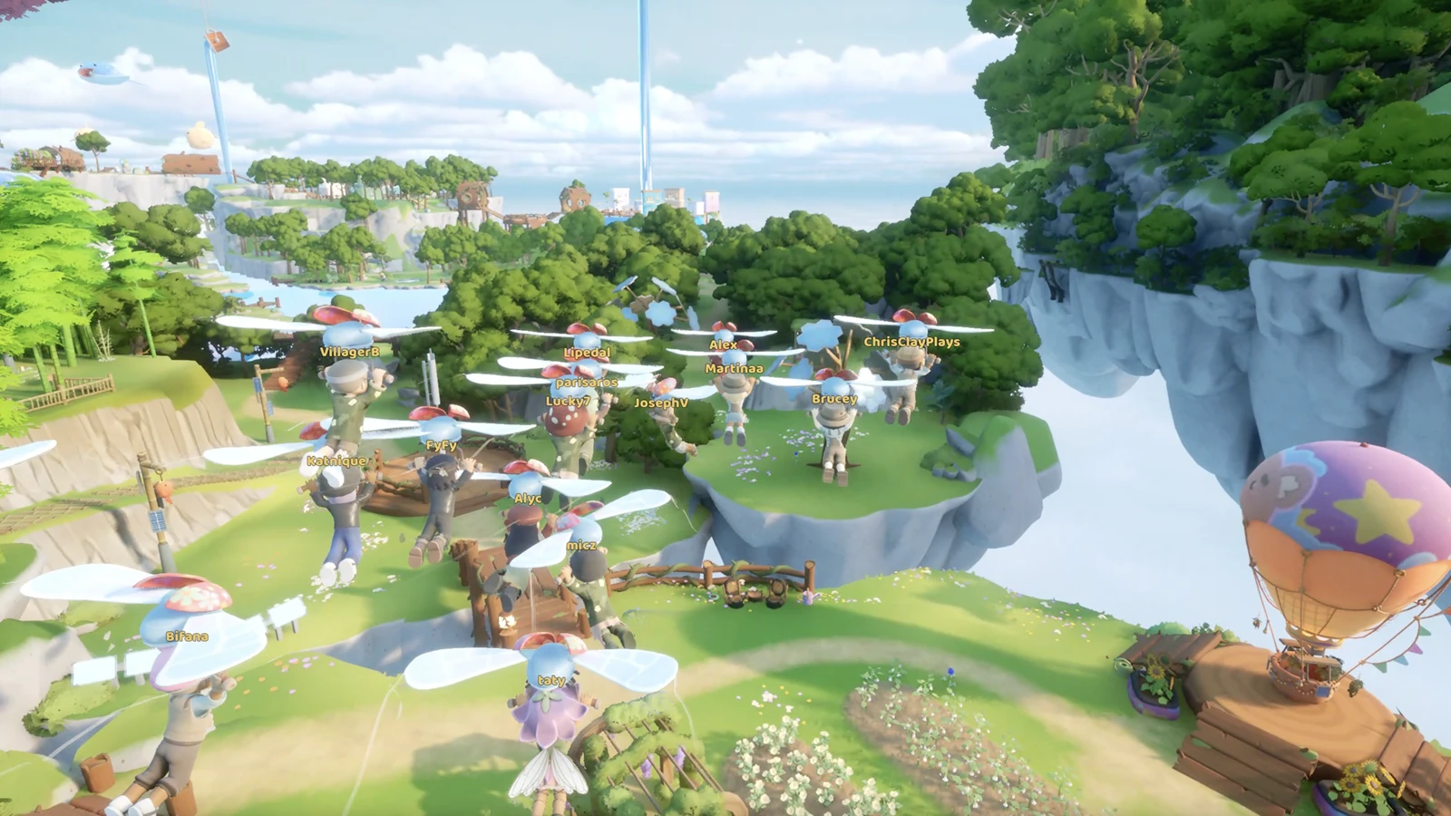 A group of players glides above green floating islands using colourful personal rotors
