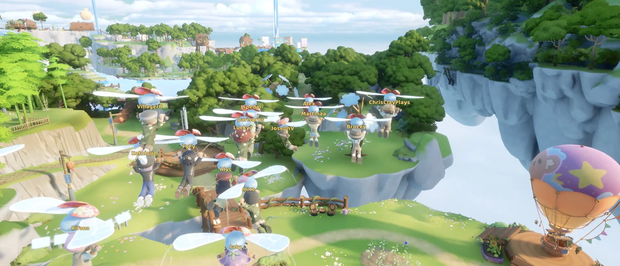 A group of players glides above green floating islands using colourful personal rotors