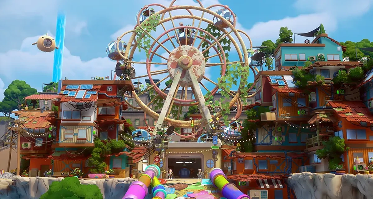 Stacked orange-roofed buildings surround a planted Ferris wheel in Gridfall