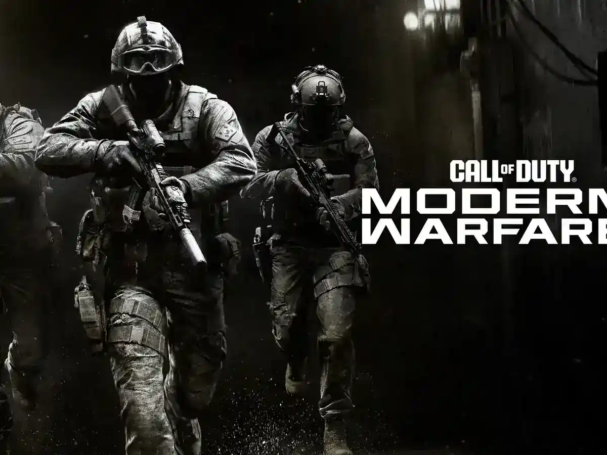 Four soldiers advance through a dark corridor beside the Modern Warfare 4 logo.
