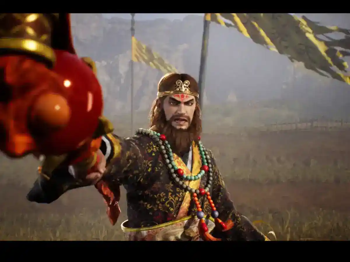 A Dynasty Warriors officer raises a weapon in a wooded battlefield.