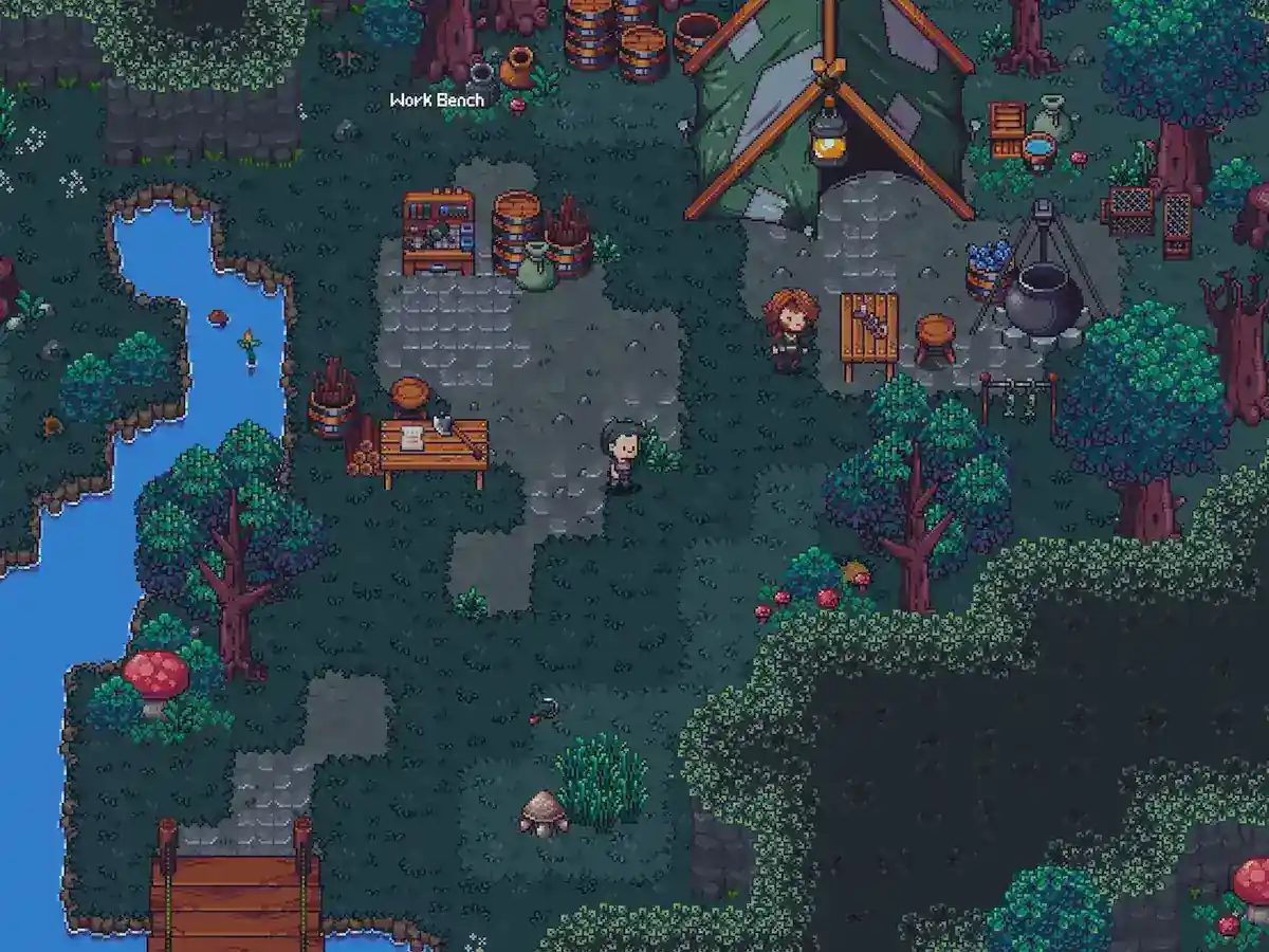 Two pixel-art characters stand outside a tent and workbench in a forest clearing.