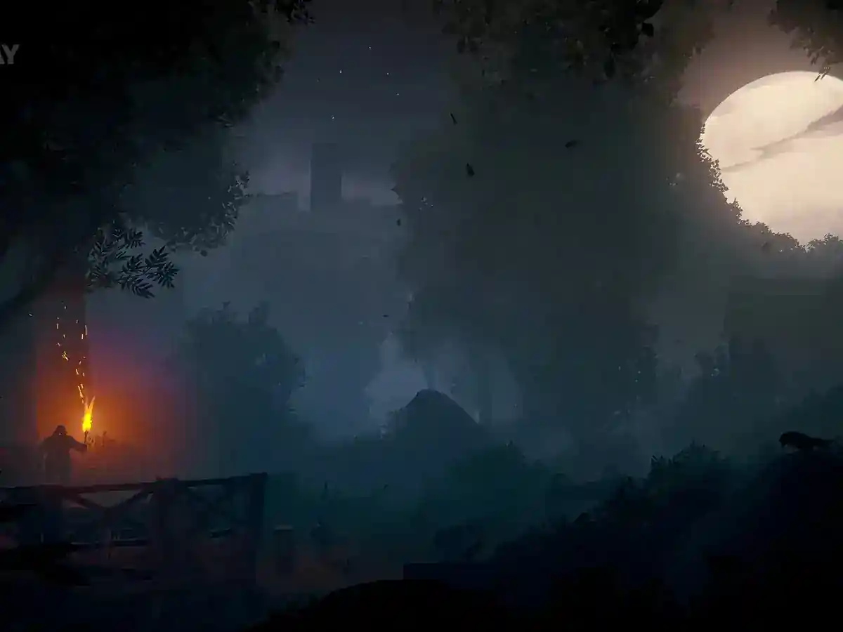 A lone figure stands beneath a bright moon in a misty village.