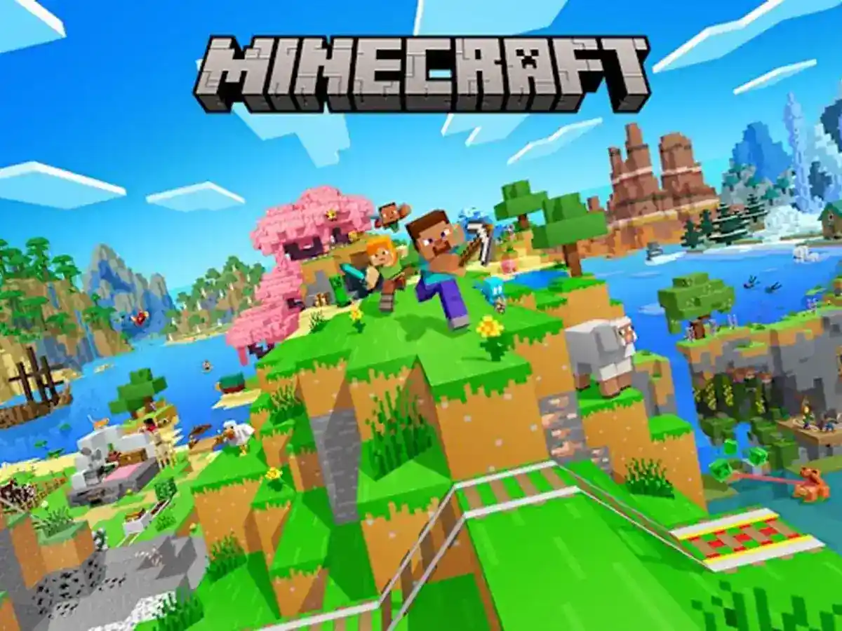 Minecraft characters stand in a bright block-built landscape.