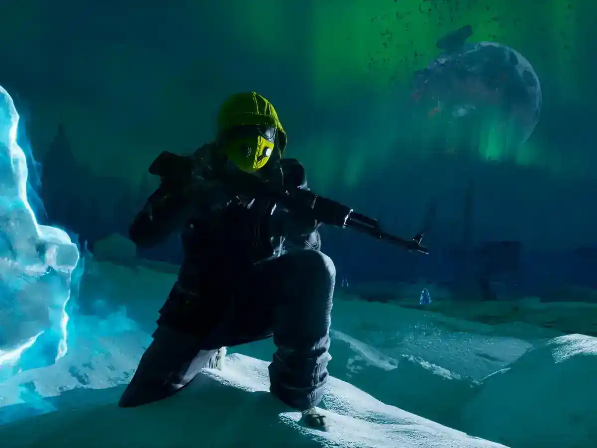 An armed survivor in winter gear crouches beside glowing blue ice.