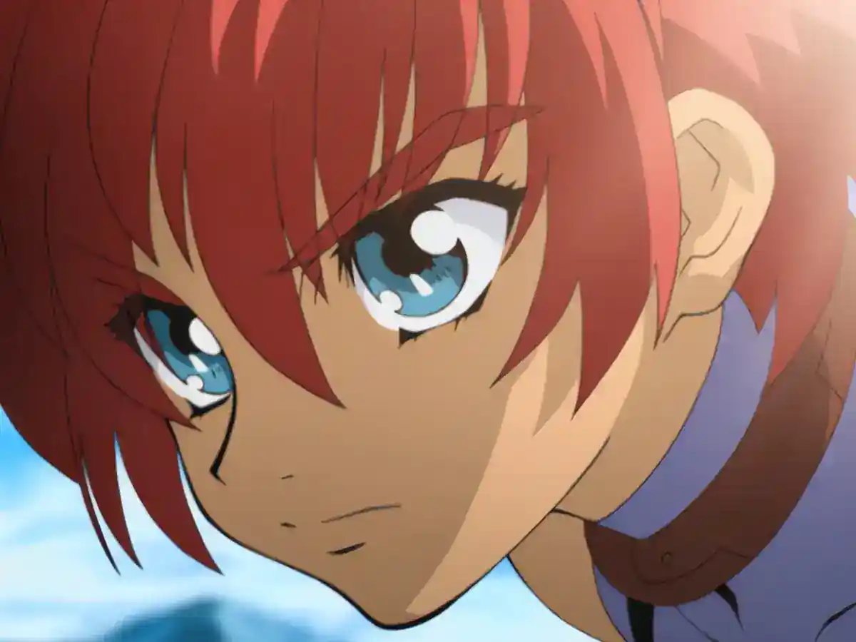 A red-haired anime character fills the frame against a pale sky.