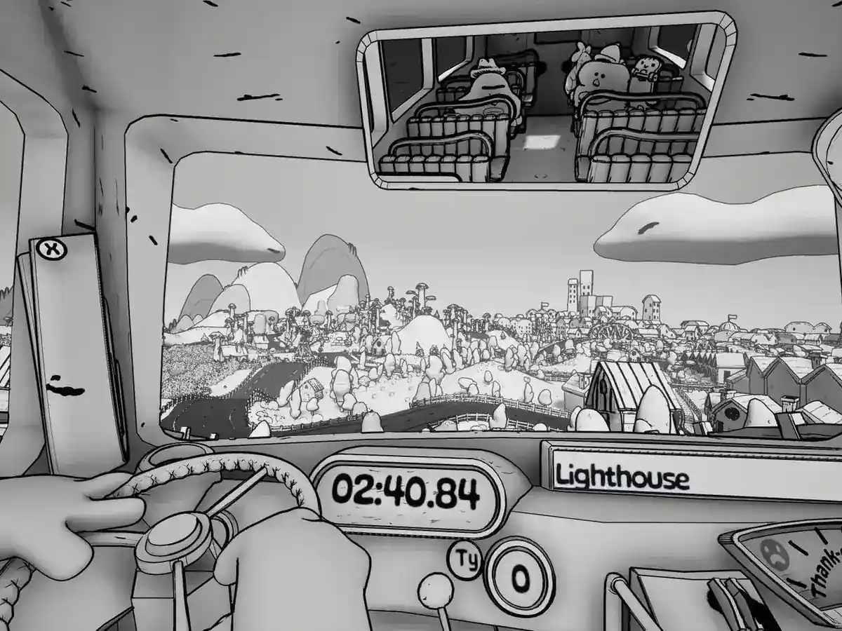A monochrome view from the bus driver’s seat shows a road winding through a cartoon town.