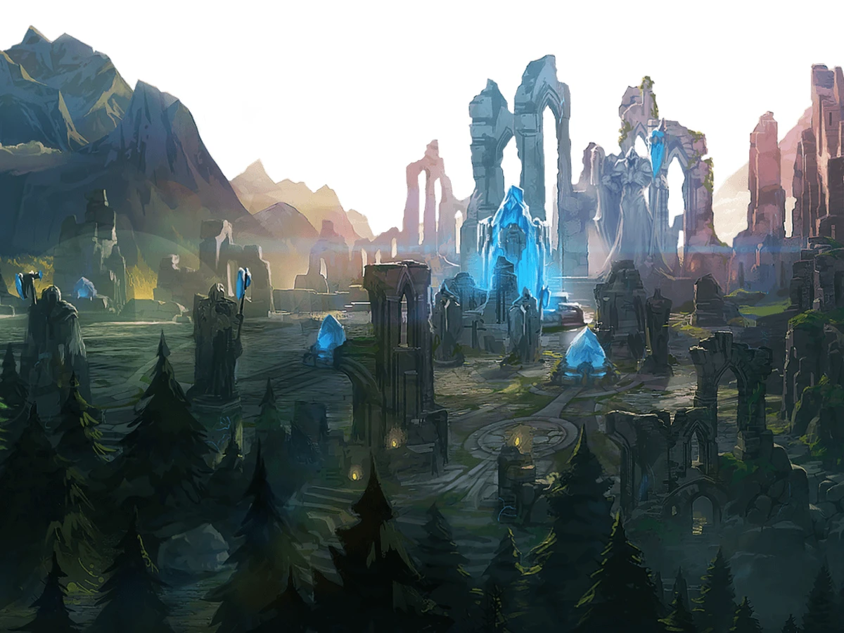 Official illustration of the blue Nexus and surrounding ruins on Summoner's Rift
