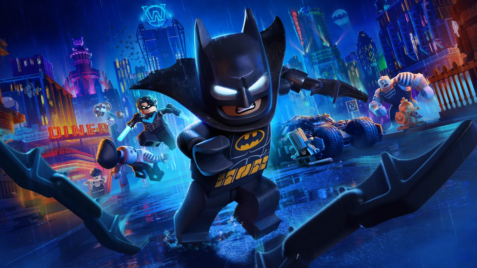 LEGO Batman runs through Gotham with Nightwing and villains in pursuit.