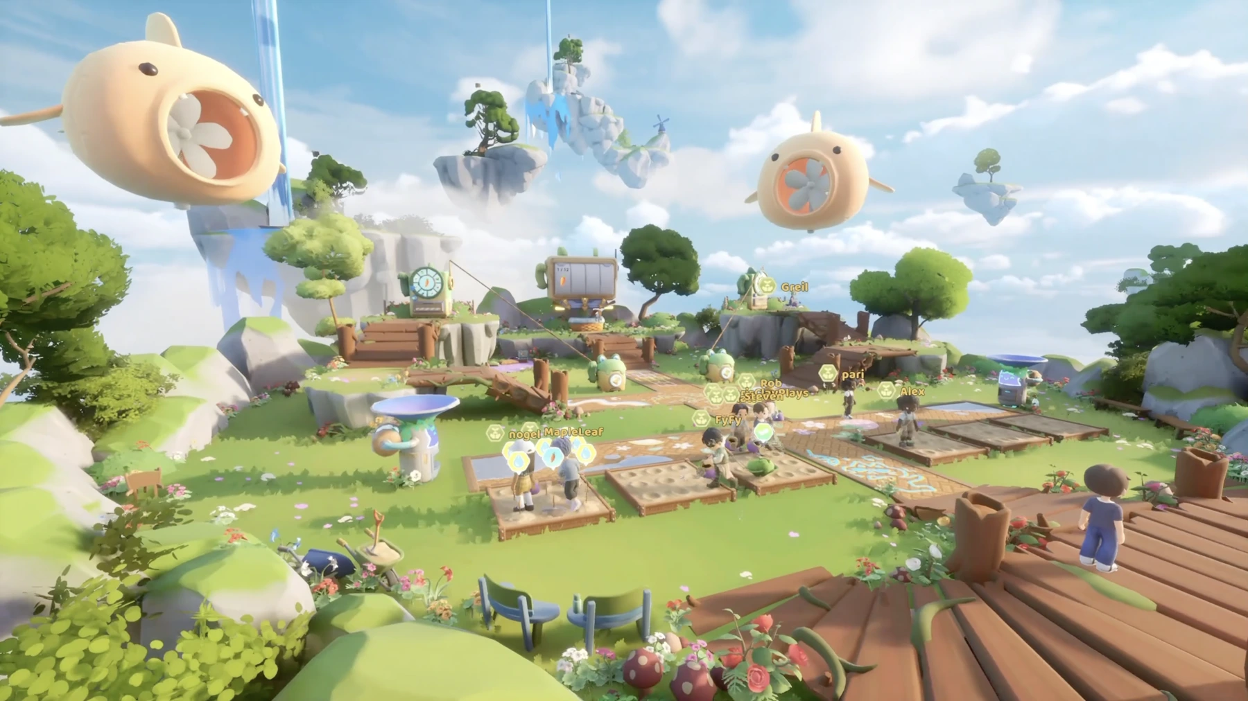 Several players work beside garden plots beneath flying-fish turbines on a floating island in Loftia.