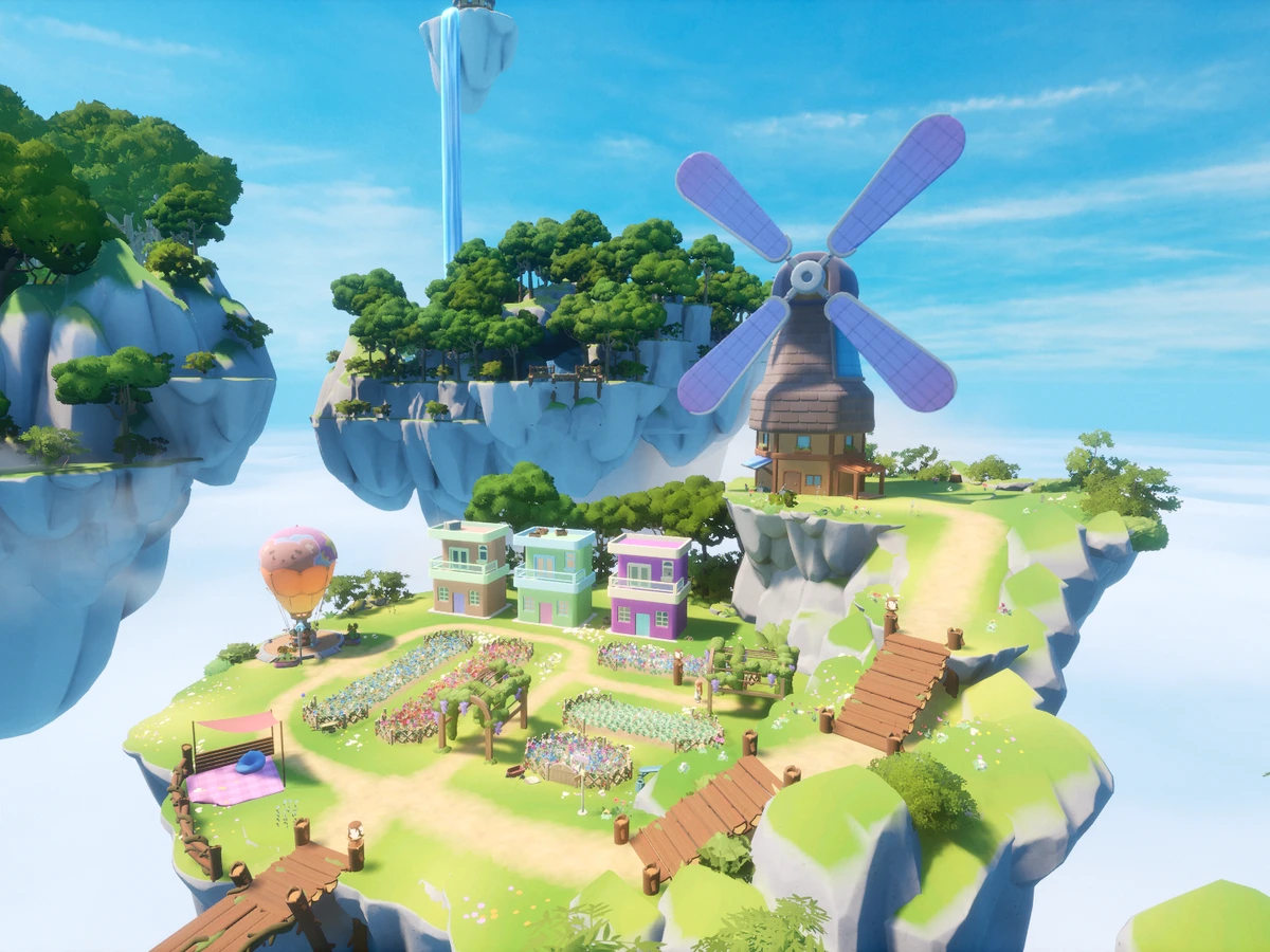 A purple-sailed windmill overlooks planted beds and colourful houses on a floating island in Loftia.
