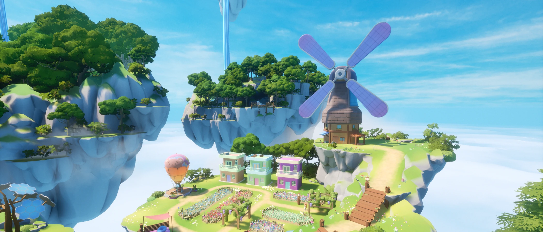 A purple-sailed windmill overlooks planted beds and colourful houses on a floating island in Loftia.