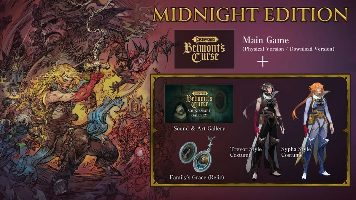 Midnight Edition illustration showing the gallery, Family's Grace relic and Trevor and Sypha outfits for Rose.