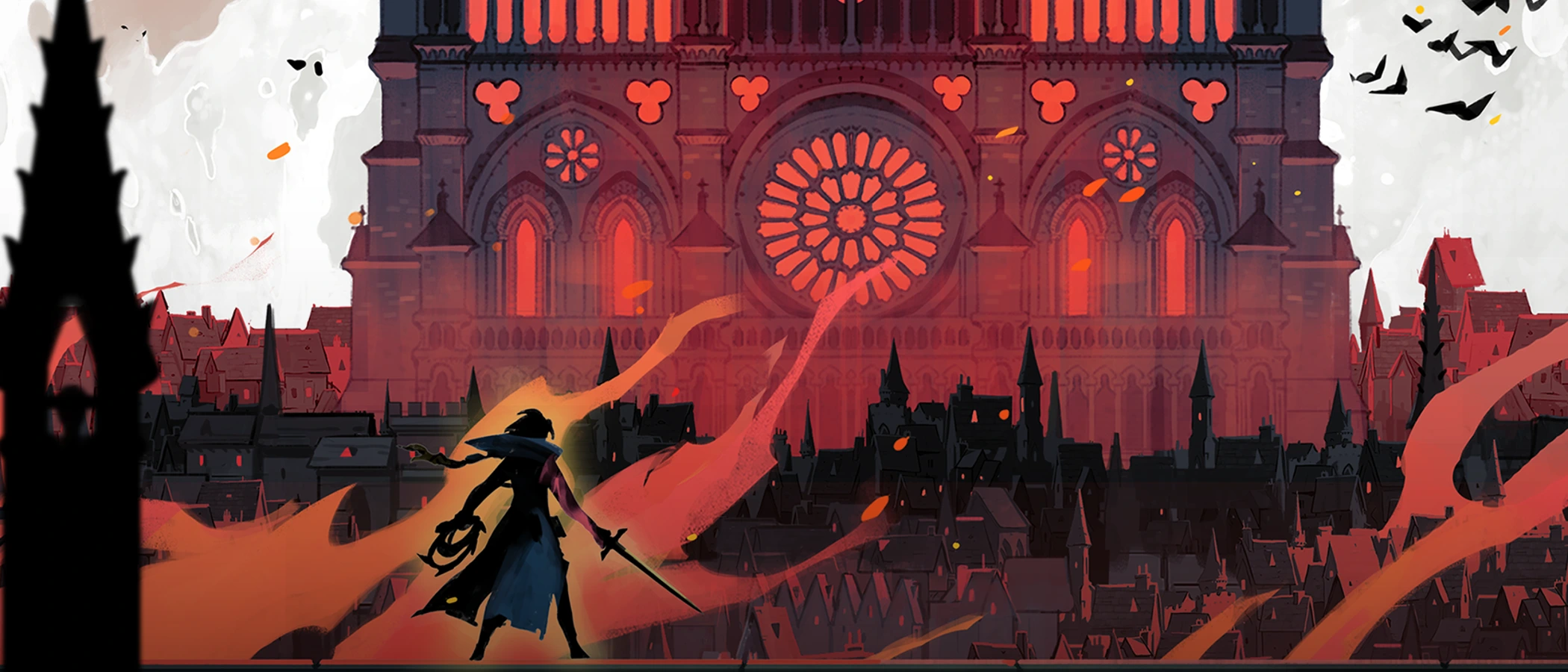 Castlevania demo artwork shows Rose Belmont facing a burning cathedral in Paris.