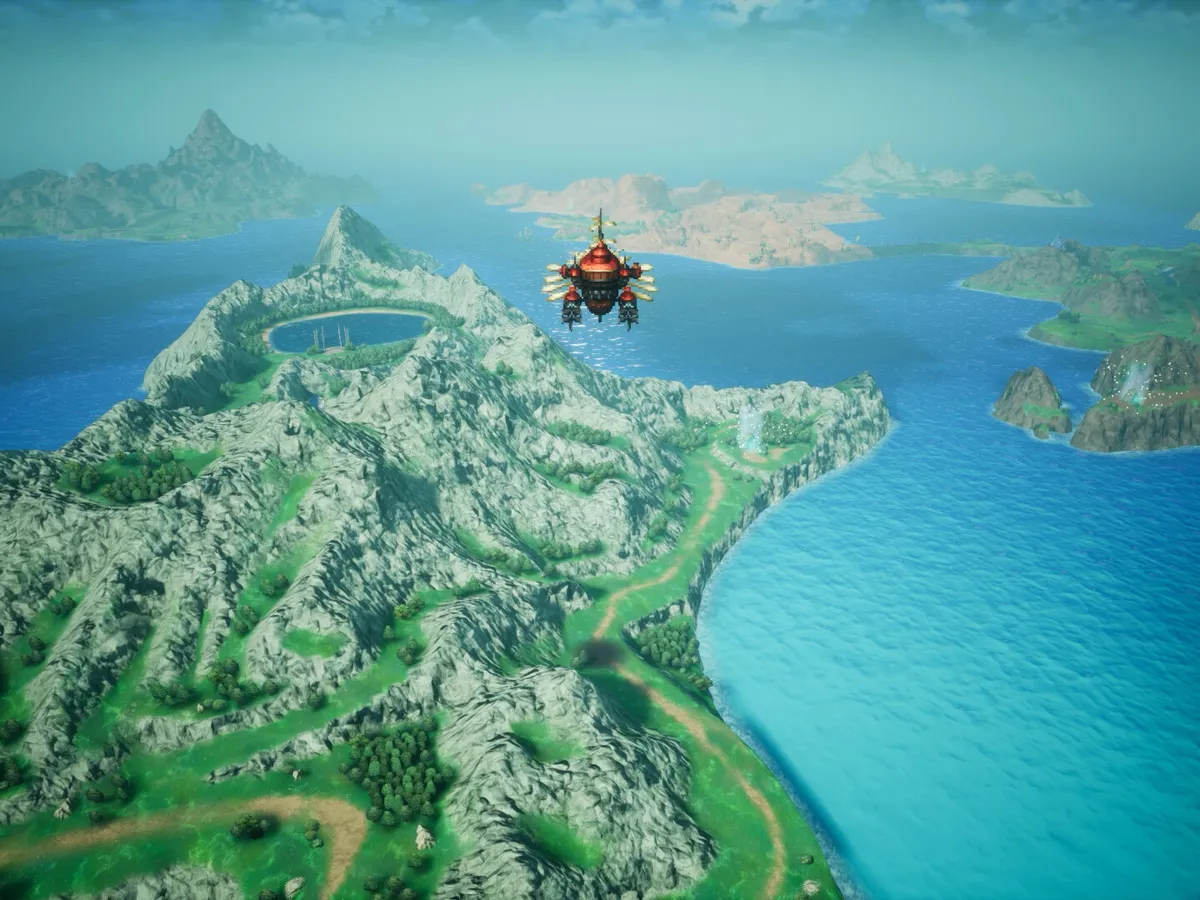 An airship flies above green islands in Final Fantasy Resonance