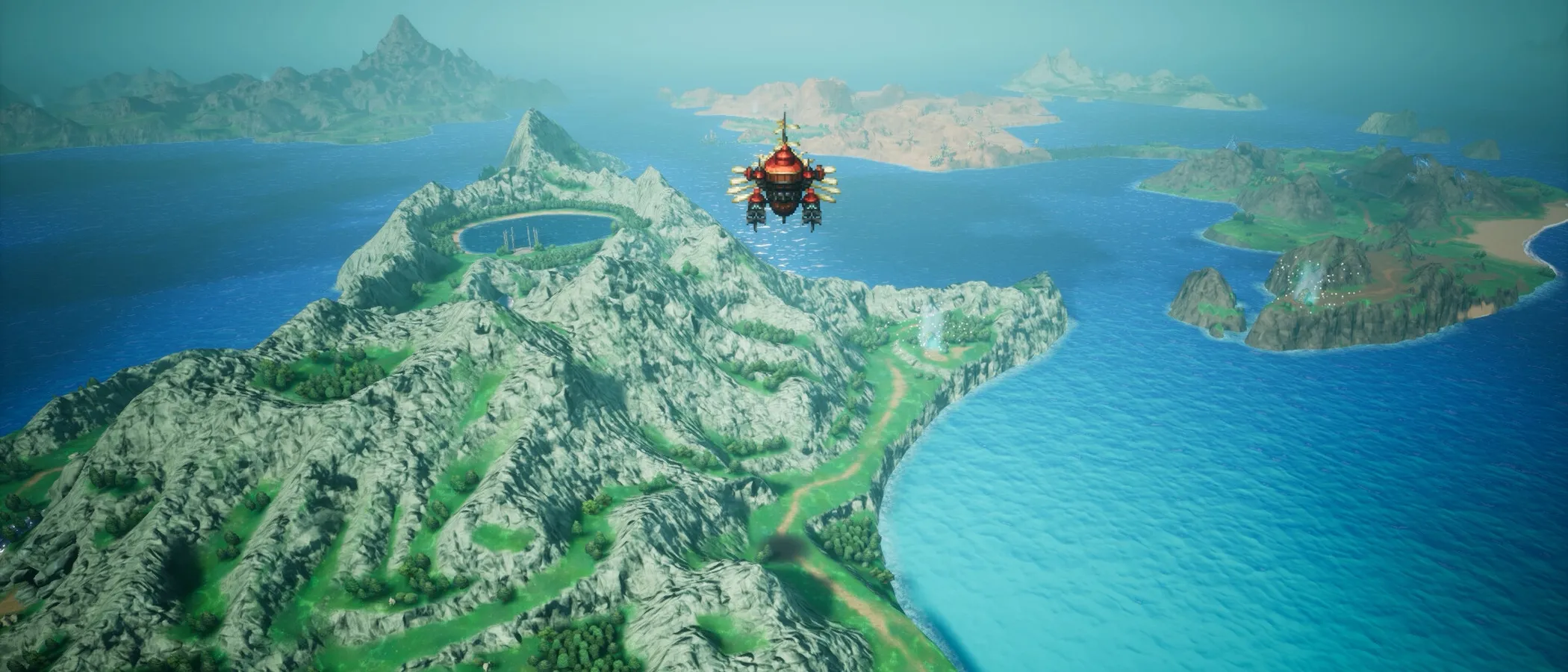 An airship flies above green islands in Final Fantasy Resonance